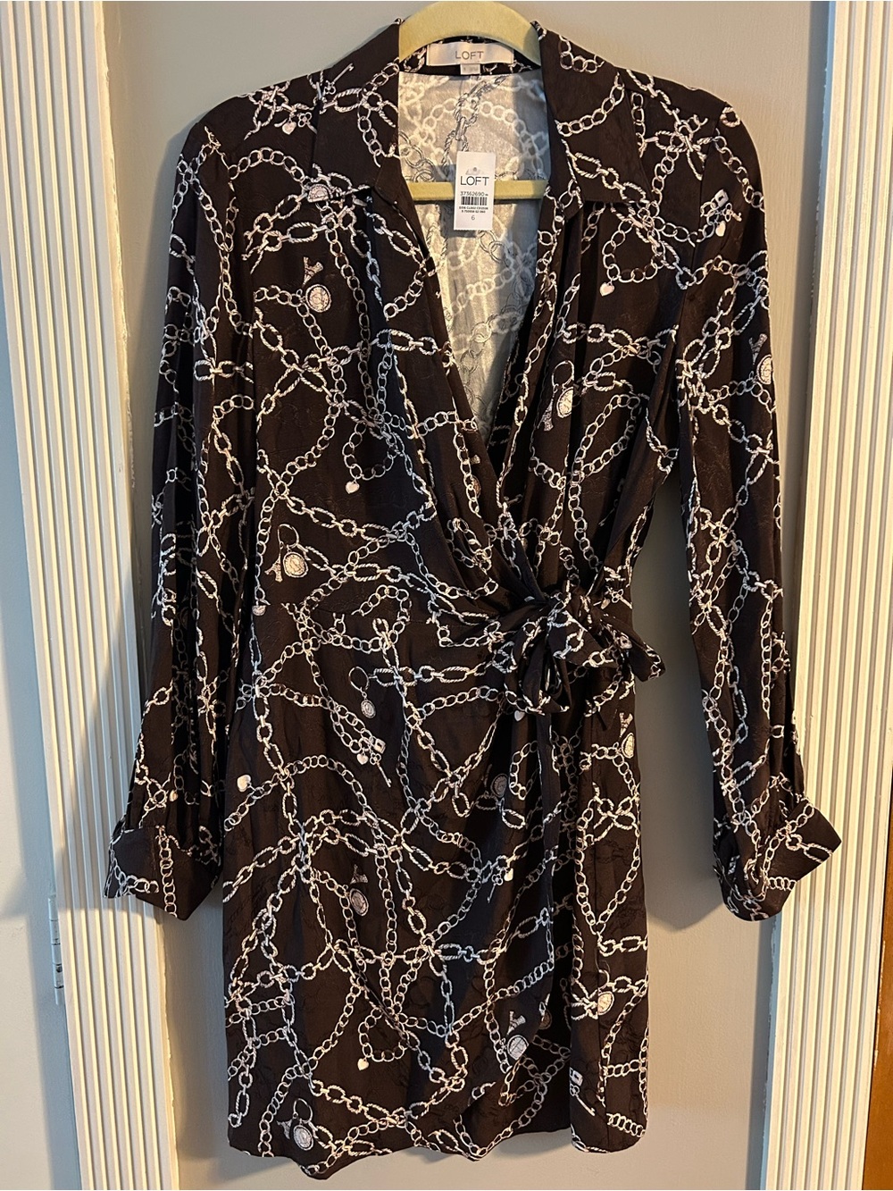 NWT LOFT Deep Brown and White Chain-Print Wrap Dress